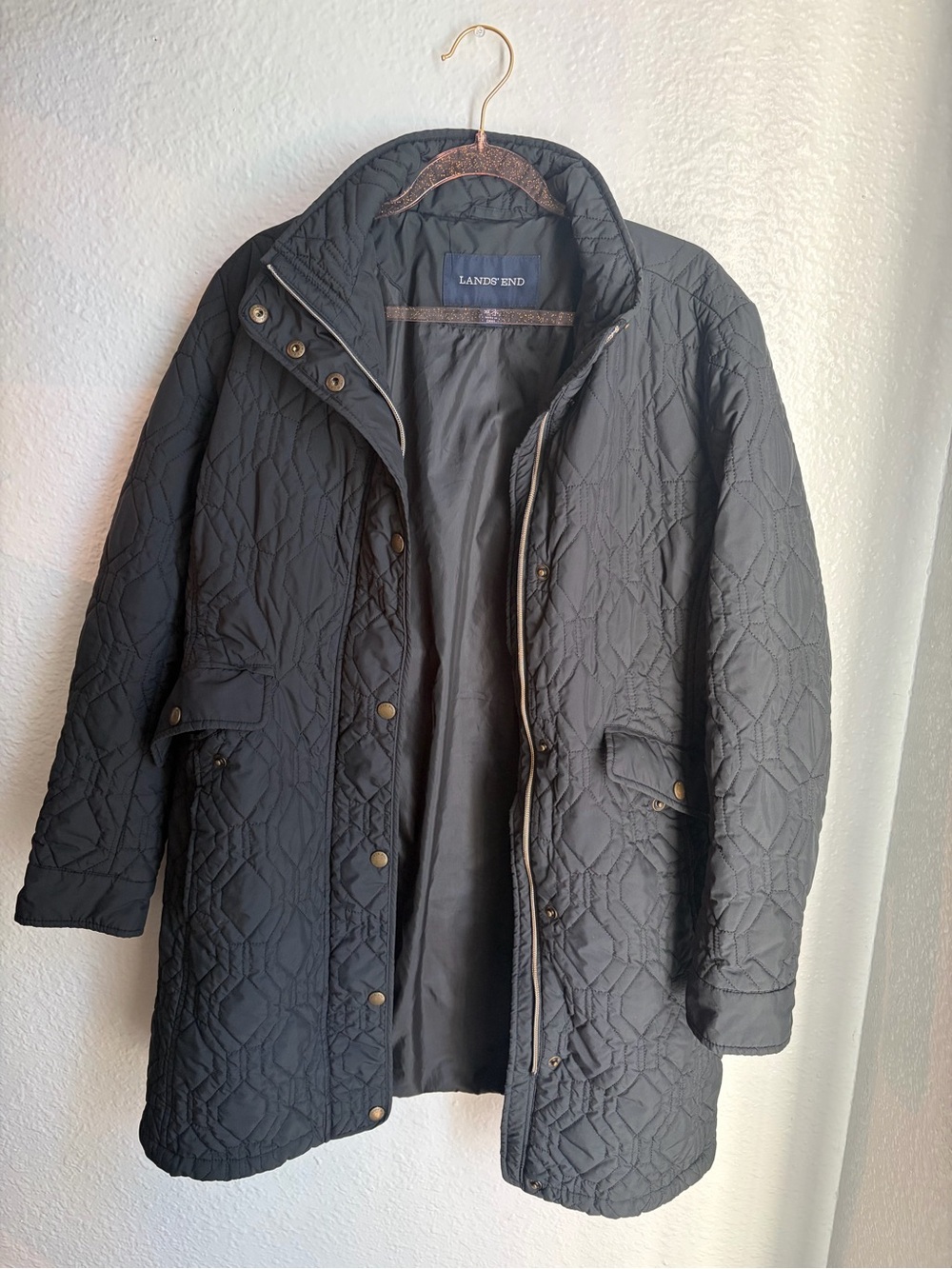 Lands' End Black Quilted Women's Long Puffer Coat